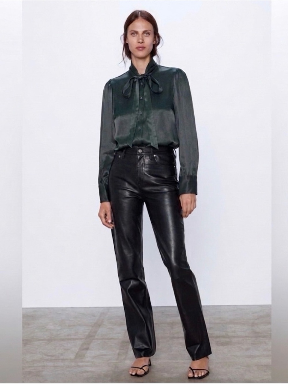 🤍 ZARA Hunter Green Satin Effect Bow Blouse sz XL